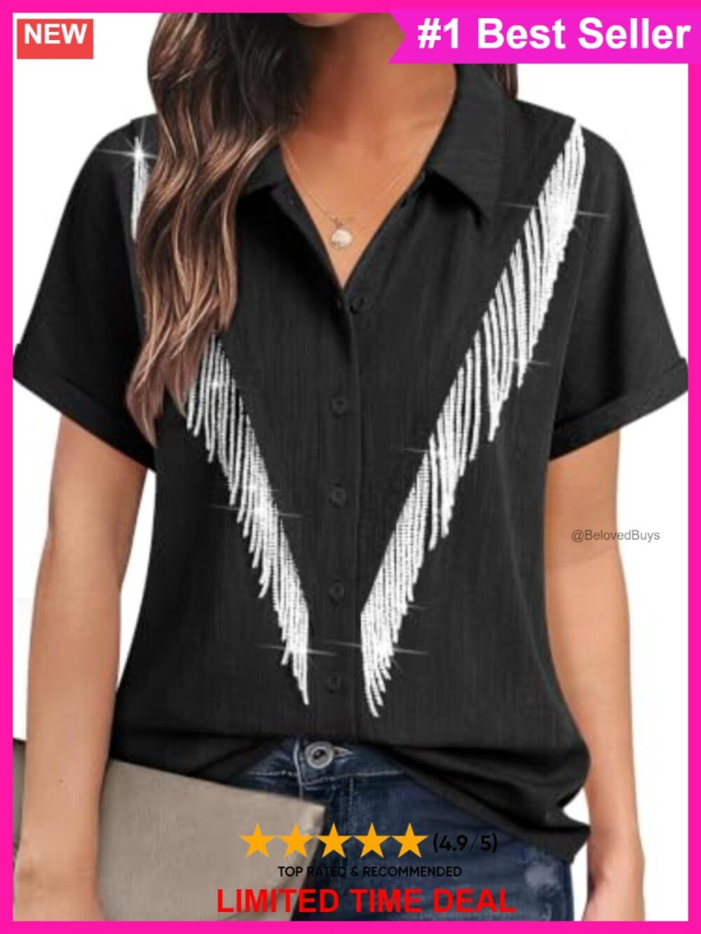 Rhinestone Fringe Western Button Down Shirt Cuffed Short Sleeve Concert Top